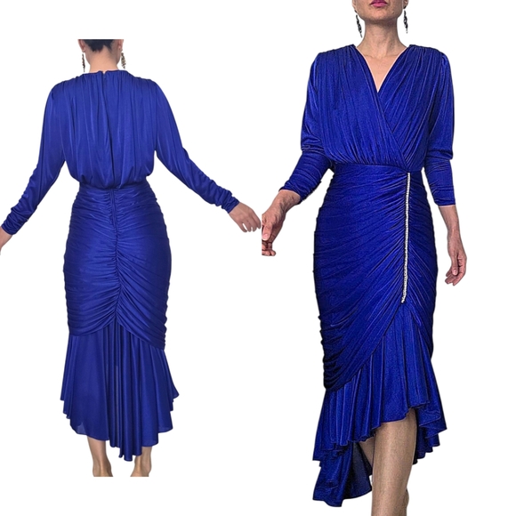 Vintage 80s Royal Blue Ruched Draped Maxi Dress Size S - Picture 1 of 7